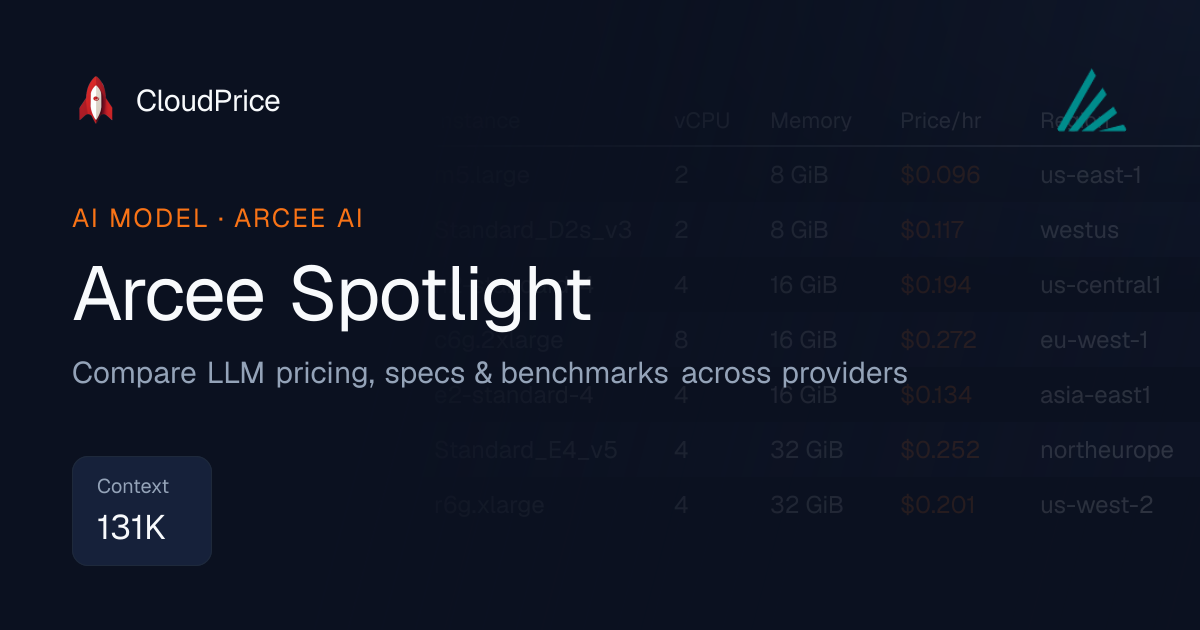 Arcee Spotlight pricing & specs — Arcee AI | CloudPrice