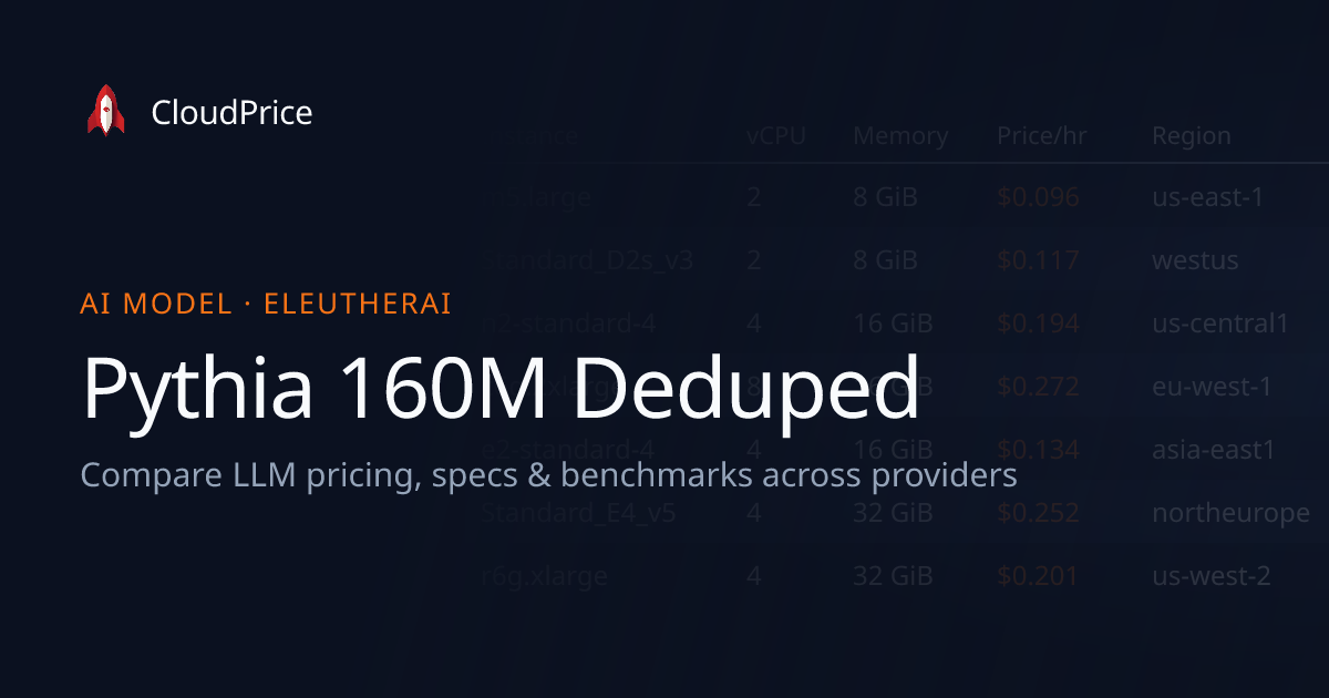 Pythia 160M Deduped pricing & specs — EleutherAI | CloudPrice