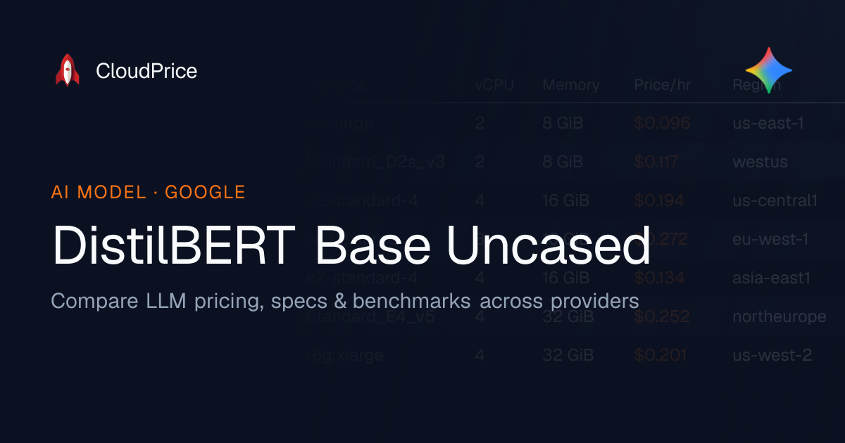 DistilBERT Base Uncased pricing & specs — Google | CloudPrice