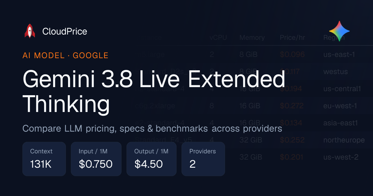 Gemini 3.8 Live Extended Thinking pricing & specs — Google | CloudPrice