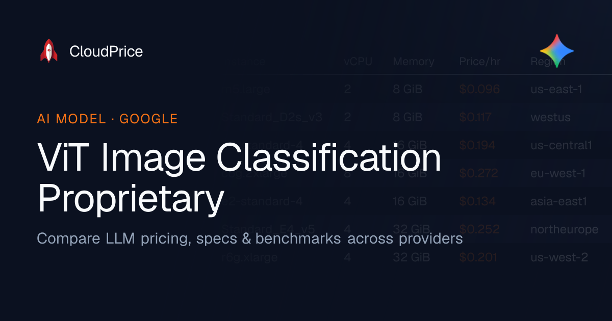 ViT Image Classification Proprietary pricing & specs — Google | CloudPrice
