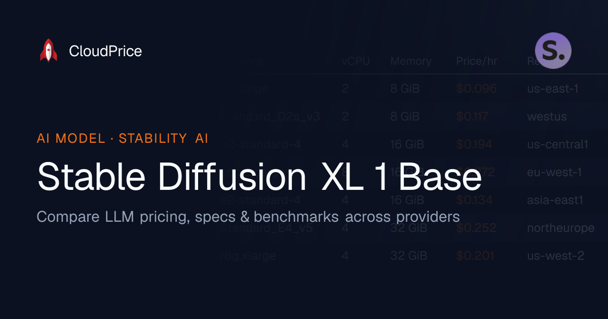 Stable Diffusion XL 1 Base pricing & specs — Stability AI | CloudPrice